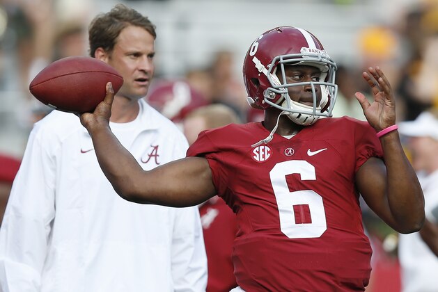 Alabama quarterback Blake Sims (6) warms up before an NCAA college football game against Southern Mississippi on Saturday, Sept. 13, 2014, in Tuscaloosa, Ala. (AP Photo/Brynn Anderson)