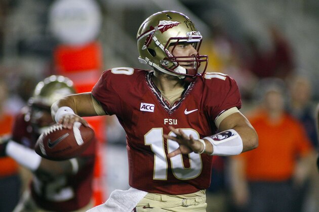 FILE - In this Nov. 16, 2013, file photo, Florida State quarterback Sean Maguire throws a pass during the fourth quarter of an NCAA college football game against Syracuse in Tallahassee, Fla.  Top-ranked Florida State will host No. 22 Clemson without Heisman-winning quarterback Jameis Winston for the first half after he was suspended Wednesday. That thrusts redshirt sophomore Sean Maguire into the first start of his career. Maguire was not a star recruit and has only thrown 21 passes in his career. Now he'll have to hold down the fort for the first 30 minutes of college football's marquee Saturday night game.  (AP Photo/Phil Sears, File)