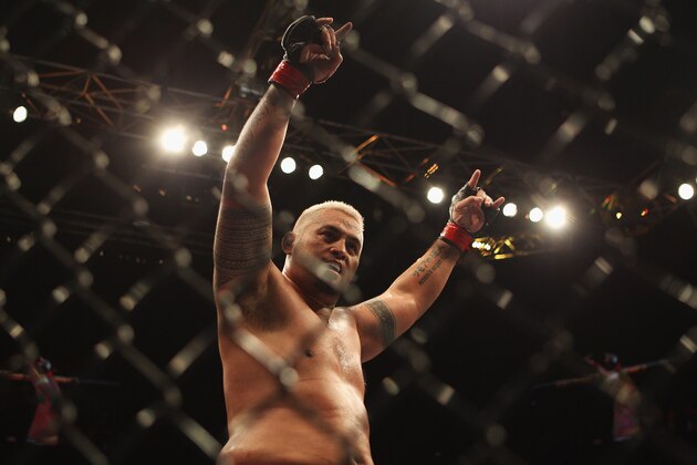 SYDNEY, AUSTRALIA - FEBRUARY 27:   Mark Hunt of Australia celebrates his win over Chris Tuchscherer of the United States during their heavyweight bout as part of UFC 127 at Acer Arena on February 27, 2011 in Sydney, Australia.  (Photo by Mark Kolbe/Getty Images)
