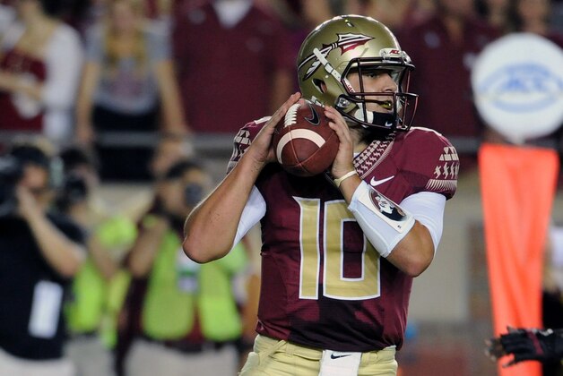 Sep 20, 2014; Tallahassee, FL, USA; Florida State Seminoles quarterback Sean Maguire (10) looks to pass during the game against the Clemson Tigers at Doak Campbell Stadium. Mandatory Credit: Melina Vastola-USA TODAY Sports