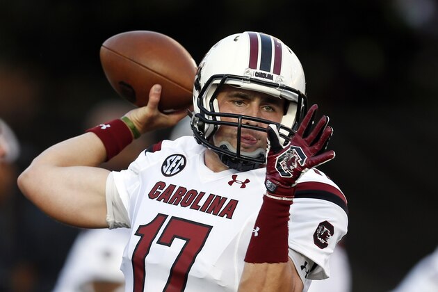 South Carolina quarterback Dylan Thompson (17) warms up before an NCAA college football game against Vanderbilt Saturday, Sept. 20, 2014, in Nashville, Tenn. (AP Photo/Mark Humphrey)