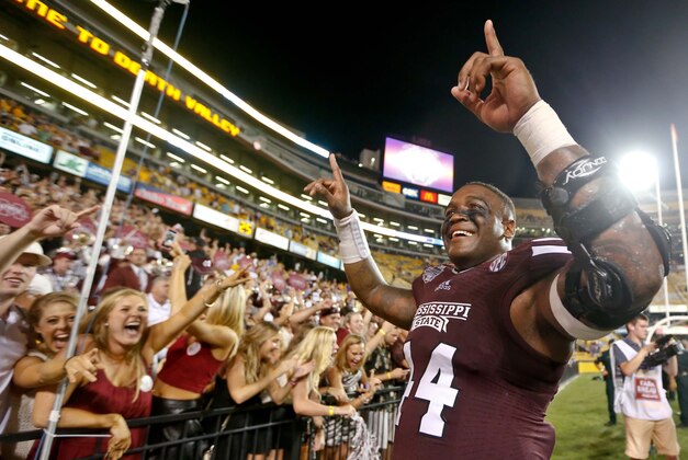 Sep 20, 2014; Baton Rouge, LA, USA; Mississippi State Bulldogs tight end Christian Holmes (44) celebrates with fans following a win against the LSU Tigers in a game at Tiger Stadium. Mississippi State defeated LSU 34-29. Mandatory Credit: Derick E. Hingle-USA TODAY Sports