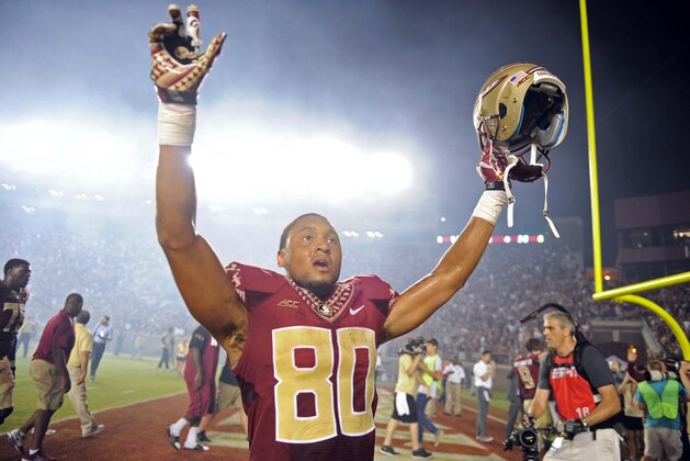 Sep 20, 2014; Tallahassee, FL, USA; Florida State Seminoles wide receiver Rashad Greene (80) celebrates an overtime win against the Clemson Tigers at Doak Campbell Stadium. Mandatory Credit: Melina Vastola-USA TODAY Sports