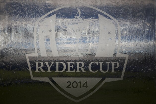 Water runs down a Ryder Cup logo on a fountain ahead of the start of the Ryder Cup golf tournament in Gleneagles, Scotland, Saturday, Sept. 20, 2014.  The U.S. team arrives for the Ryder Cup Monday, with the tournament  starting on Friday.  (AP Photo/Matt Dunham)