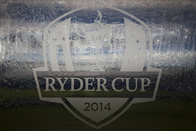 Water runs down a Ryder Cup logo on a fountain ahead of the start of the Ryder Cup golf tournament in Gleneagles, Scotland, Saturday, Sept. 20, 2014.  The U.S. team arrives for the Ryder Cup Monday, with the tournament  starting on Friday.  (AP Photo/Matt Dunham)