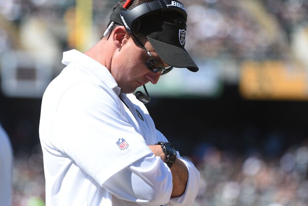 September 14, 2014; Oakland, CA, USA; Oakland Raiders head coach Dennis Allen reacts against the Houston Texans during the second quarter at O.co Coliseum. Mandatory Credit: Kyle Terada-USA TODAY Sports