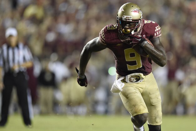 Sep 20, 2014; Tallahassee, FL, USA;  Florida State Seminoles running back Karlos Williams (9) carries the ball up the field for the game winning overtime touchdown against the Clemson Tigers for their 23-17 overtime win at Doak Campbell Stadium. Mandatory Credit: John David Mercer-USA TODAY Sports