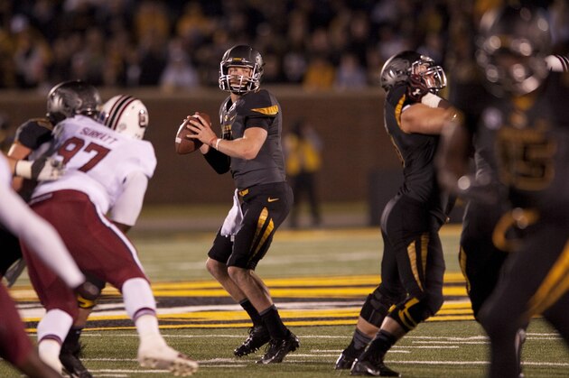 Missouri quarterback Maty Mauk drops back to pass during the first quarter of an NCAA college football game against South Carolina Saturday, Oct. 26, 2013, in Columbia, Mo. (AP Photo/L.G. Patterson)