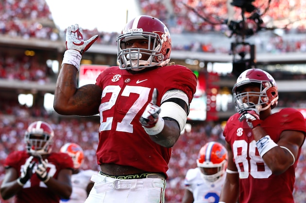TUSCALOOSA, AL - SEPTEMBER 20:  Derrick Henry #27 of the Alabama Crimson Tide reacts after a big gain against the Florida Gators at Bryant-Denny Stadium on September 20, 2014 in Tuscaloosa, Alabama.  (Photo by Kevin C. Cox/Getty Images)