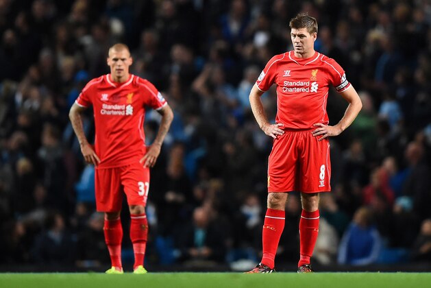 MANCHESTER, ENGLAND - AUGUST 25:  Steven Gerrard of Liverpool looks dejected during the Barclays Premier League match between Manchester City and Liverpool at the Etihad Stadium on August 25, 2014 in Manchester, England.  (Photo by Laurence Griffiths/Getty Images)