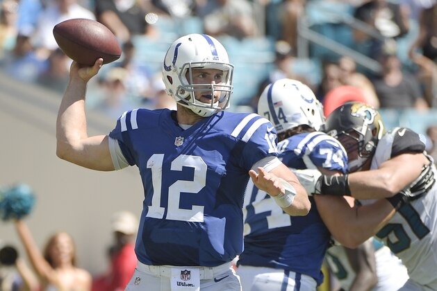 Indianapolis Colts quarterback Andrew Luck (12) throws a pass against the Jacksonville Jaguars as he gets a block from tackle Anthony Castonzo (74) during the second half of an NFL football game in Jacksonville, Fla., Sunday, Sept. 21, 2014. (AP Photo/Phelan M. Ebenhack)