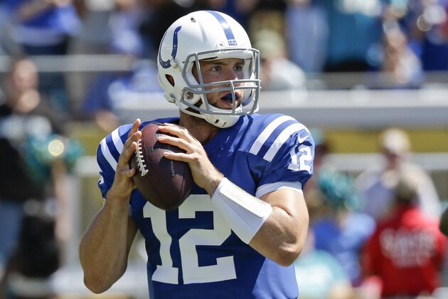 Indianapolis Colts quarterback Andrew Luck (12) looks for a receiver during the first half of an NFL football game against the Jacksonville Jaguars in Jacksonville, Fla., Sunday, Sept. 21, 2014. (AP Photo/John Raoux)