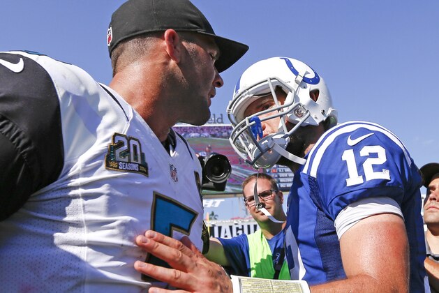 Indianapolis Colts quarterback Andrew Luck (12) greets Jacksonville Jaguars quarterback Blake Bortles, left, after an NFL football game in Jacksonville, Fla., Sunday, Sept. 21, 2014. Indianapolis won 44-17. (AP Photo/Stephen B. Morton)