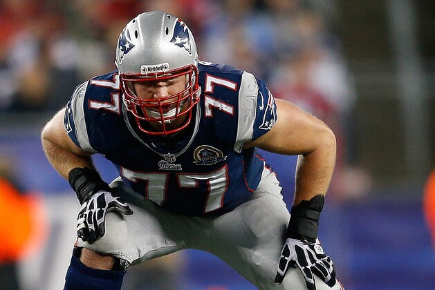 FOXBORO, MA - DECEMBER 10:  Nate Solder #77 of the New England Patriots lines up against the Houston Texans at Gillette Stadium on December 10, 2012 in Foxboro, Massachusetts. (Photo by Jim Rogash/Getty Images)