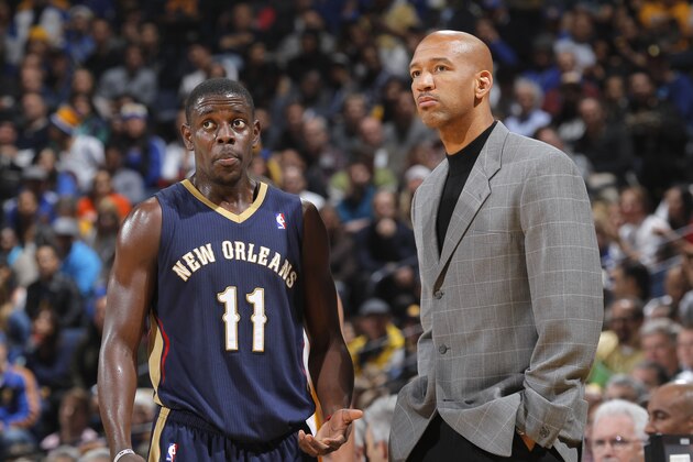 OAKLAND, CA - DECEMBER 17: Jrue Holiday #11 of the New Orleans Pelicans talks with Head coach Monty Williams during a game against the Golden State Warriors on December 17, 2013 at Oracle Arena in Oakland, California. NOTE TO USER: User expressly acknowledges and agrees that, by downloading and or using this photograph, user is consenting to the terms and conditions of Getty Images License Agreement. Mandatory Copyright Notice: Copyright 2013 NBAE (Photo by Rocky Widner/NBAE via Getty Images)