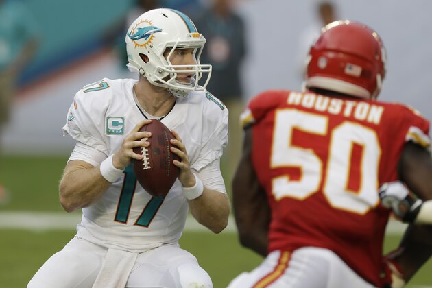 Miami Dolphins quarterback Ryan Tannehill (17) looks to pass as he is pursued by Kansas City Chiefs outside linebacker Justin Houston (50) during the second half of an NFL football game, Sunday, Sept. 21, 2014, in Miami Gardens, Fla. (AP Photo/Wilfredo Lee)