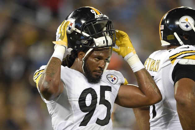 Pittsburgh Steelers outside linebacker Jarvis Jones (95) looks on during the first half of an NFL football game against the Baltimore Ravens, Thursday, Sept. 11, 2014, in Baltimore. (AP Photo/Nick Wass)