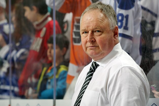 PHILADELPHIA, PA - MARCH 28:  Head Coach Randy Carlyle of the Toronto Maple Leafs looks on during warm-ups prior to his game against the Philadelphia Flyers on March 28, 2014 at the Wells Fargo Center in Philadelphia, Pennsylvania.  (Photo by Len Redkoles/NHLI via Getty Images)