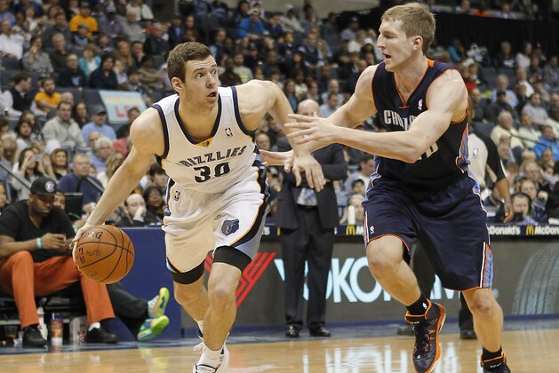 Memphis Grizzlies forward Jon Leuer (30) drives against Charlotte Bobcats center Cody Zeller, right, in the second half of an NBA basketball game Saturday, March 8, 2014, in Memphis, Tenn. The Grizzlies won 111-89. (AP Photo/Lance Murphey)