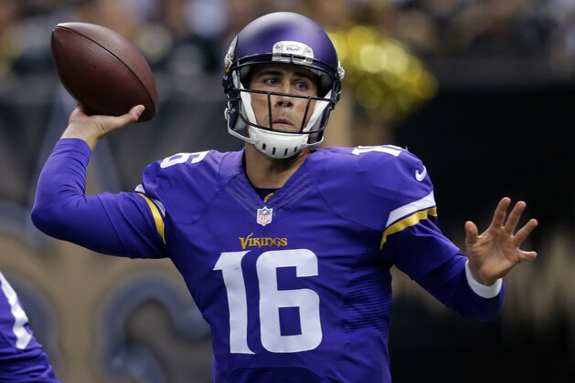Minnesota Vikings quarterback Matt Cassel (16) passes in the first half of an NFL football game against the New Orleans Saints in New Orleans, Sunday, Sept. 21, 2014. (AP Photo/Bill Haber)