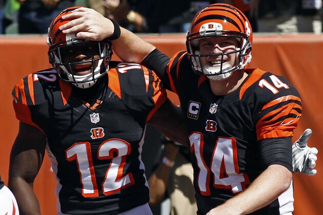 Cincinnati Bengals quarterback Andy Dalton (14) celebrates with wide receiver Mohamed Sanu (12) after Dalton scored on an 18-yard pass reception from Sanu in the first half of an NFL football game against the Tennessee Titans, Sunday, Sept. 21, 2014, in Cincinnati. (AP Photo/David Kohl)