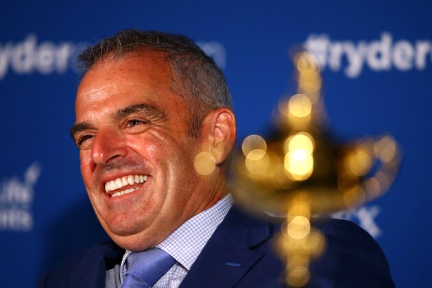VIRGINIA WATER, ENGLAND - SEPTEMBER 02:  European Ryder Cup captain Paul McGinley of Ireland announces Stephen Gallacher of Scotland, Ian Poulter of England and Lee Westwood of England as his three captain's picks during a press conference at Wentworth on September 2, 2014 in Virginia Water, England.  (Photo by Richard Heathcote/Getty Images)