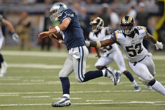 ST. LOUIS, MO - SEPTEMBER 21: Tony Romo #9 of the Dallas Cowboys rushes in the fourth quarter against the St. Louis Rams at the Edward Jones Dome on September 21, 2014 in St. Louis, Missouri.  (Photo by Michael B. Thomas/Getty Images)