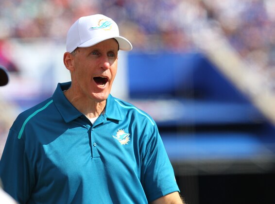 Miami Dolphins head coach Joe Philbin yells during during the second half of an NFL football game against the Buffalo Bills on Sunday, Sept. 14, 2014, in Orchard Park, N.Y. (AP Photo/Bill Wippert)