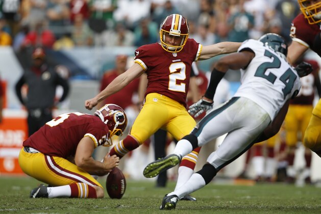 Washington Redskins kicker Kai Forbath (2), with Tress Way holding, attempts a field goal against the Philadelphia Eagles during the second half of an NFL football game, Sunday, Sept. 21, 2014, in Philadelphia. Forbath missed the kick when the ball hit the goal post. (AP Photo/Michael Perez)