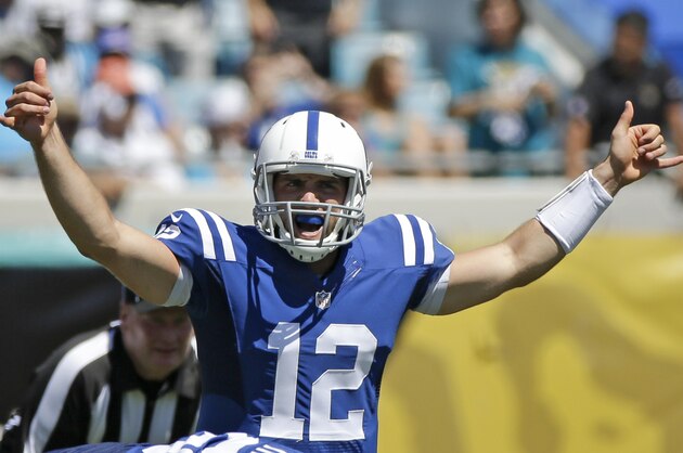 Indianapolis Colts quarterback Andrew Luck (12) calls signals during a play against the Indianapolis Colts the first half of an NFL football game in Jacksonville, Fla., Sunday, Sept. 21, 2014. (AP Photo/Stephen B. Morton)