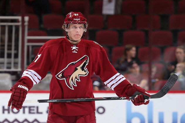 GLENDALE, AZ - SEPTEMBER 16:  Christian Dvorak #51 of the Arizona Coyotes in action during the NHL rookie camp game against the Los Angeles Kings at Gila River Arena on September 16, 2014 in Glendale, Arizona.  (Photo by Christian Petersen/Getty Images)