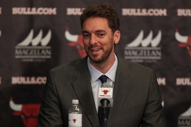 CHICAGO, IL - JULY 18: Chicago Bulls head coach Tom Thibodeau and general manager Gar Forman introduce newly-signed free agent Pau Gasol during a press conference at the United Center on July 18, 2014  in Chicago, Illinois. NOTE TO USER:  User expressly acknowledges and agrees that, by downloading and or using this Photograph, user is consenting to the terms and conditions of the Getty Images License Agreement.  Mandatory Copyright Notice:  Copyright 2014 NBAE (Photo by Gary Dineen/NBAE via Getty Images)