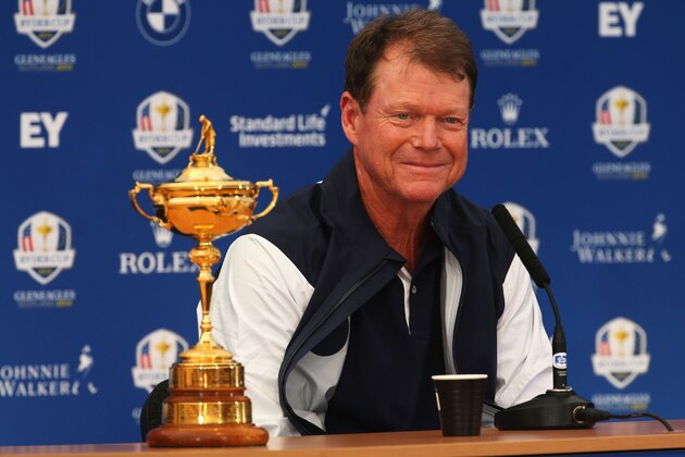 AUCHTERARDER, SCOTLAND - SEPTEMBER 22:  Tom Watson, Captain of the United States team smiles during a press conference ahead of the 2014 Ryder Cup on the PGA Centenary course at the Gleneagles Hotel on September 22, 2014 in Auchterarder, Scotland.  (Photo by Mike Ehrmann/Getty Images)