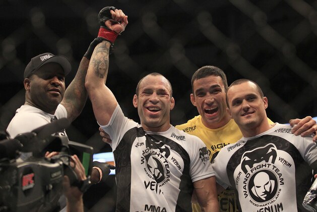 Wanderlei Silva, second from left, celebrates Fabricio Werdum, second from right, and teammates after beating Cung Le during a UFC 139 Mixed Martial Arts middleweight bout in San Jose, Calif., Saturday, Nov. 19, 2011. Silva won by TKO in the second round. (AP Photo/Jeff Chiu) Wanderlei Silva, second from left, celebrates Fabricio Werdum, second from right, and teammates after beating Cung Le during a UFC 139 Mixed Martial Arts middleweight bout in San Jose, Calif., Saturday, Nov. 19, 2011. Silva won by TKO in the second round. (AP Photo/Jeff Chiu)