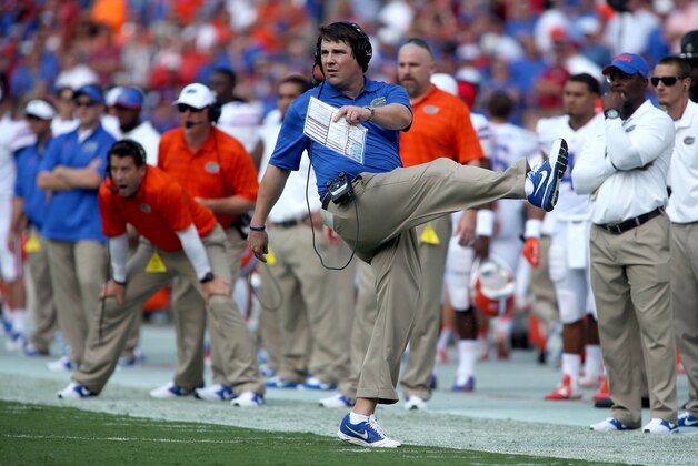 Sep 20, 2014; Tuscaloosa, AL, USA; Florida Gators coach Will Muschamp reacts to an extra point after a Gators touchdown in the first quarter of their game against the Alabama Crimson Tide at Bryant-Denny Stadium. Mandatory Credit: Jason Getz-USA TODAY Sports