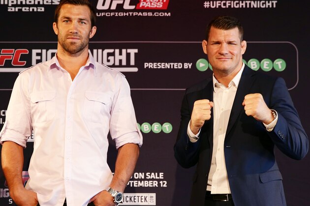 SYDNEY, AUSTRALIA - SEPTEMBER 11:  Luke Rockhold (L) and Michael Bisping (R) sqaure off during the UFC Fight Night: Rockhold v Bisping Press Event at Museum of Contemporary Art on September 11, 2014 in Sydney, Australia.  (Photo by Matt King/Getty Images)