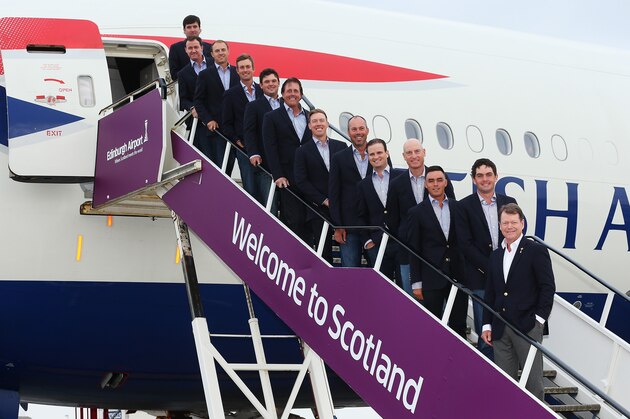 EDINBURGH, SCOTLAND - SEPTEMBER 22: (L-R) Bubba Watson, Jimmy Walker, Jordan Spieth, Webb Simpson, Patrick Reed, Phil Mickelson, Hunter Mahan, Matt Kuchar, Zach Johnson, Jim Furyk, Rickie Fowler, Keegan Bradley and Tom Watson, Captain of the United States team pose after arriving at Edinburgh Airport ahead of the 2014 Ryder Cup at Gleneagles on September 22, 2014 in Edinburgh, Scotland.  (Photo by Andrew Redington/Getty Images)