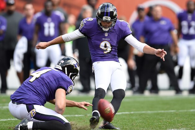 CLEVELAND, OH - SEPTEMBER 21:  Justin Tucker #9 of the Baltimore Ravens kicks a game winning 32 yard field goal against the Cleveland Browns at FirstEnergy Stadium on September 21, 2014 in Cleveland, Ohio. Baltimore won the game 23-21.  (Photo by Jason Miller/Getty Images)