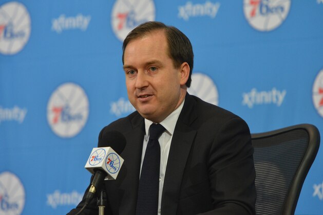 PHILADELPHIA, PA - JUNE 27: Sam Hinkie, President of Basketball Operations and General Manager of the Philadelphia 76ers, speaks with the media during a press conference on June 27, 2014 at the Philadelphia College of Osteopathic Medicine in Philadelphia, Pennsylvania. NOTE TO USER: User expressly acknowledges and agrees that, by downloading and or using this photograph, User is consenting to the terms and conditions of the Getty Images License Agreement. Mandatory Copyright Notice: Copyright 2014 NBAE (Photo by Jesse D. Garrabrant/NBAE via Getty Images)