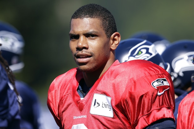 Seattle Seahawks quarterback Terrelle Pryor looks on at an NFL football camp practice Wednesday, July 30, 2014, in Renton, Wash. (AP Photo/Elaine Thompson)