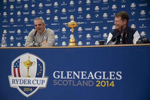 U.S. Ryder Cup team captain Tom Watson, right, listens as European Ryder Cup team captain Paul McGinley speaks during a press conference for the golf tournament in Gleneagles, Scotland, Monday, Sept. 22, 2014.  The U.S. team arrived for the Ryder Cup Monday, with the tournament  starting on Friday.  (AP Photo/Matt Dunham)