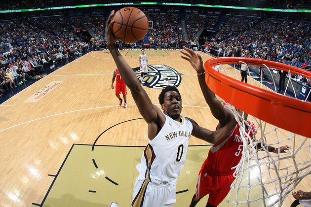 NEW ORLEANS, LA - APRIL 16:  Al-Farouq Aminu #0 of the New Orleans Pelicans goes up for a dunk against the Houston Rockets during an NBA game on April 16, 2014 at the Smoothie King Center in New Orleans, Louisiana. NOTE TO USER: User expressly acknowledges and agrees that, by downloading and or using this Photograph, user is consenting to the terms and conditions of the Getty Images License Agreement. Mandatory Copyright Notice: Copyright 2014 NBAE (Photo by Layne Murdoch Jr./NBAE via Getty Images)