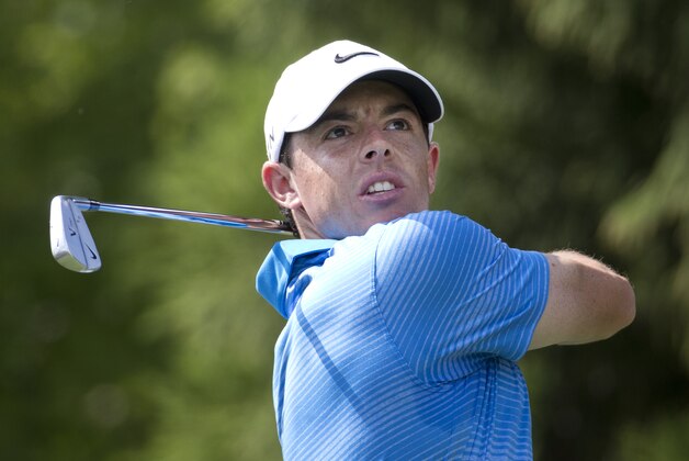 Rory McIlroy, of Northern Ireland, tees off on the second holeeduring the third round of play in the Tour Championship golf tournament  Saturday, Sept. 13, 2014, in Atlanta. (AP Photo/John Bazemore)