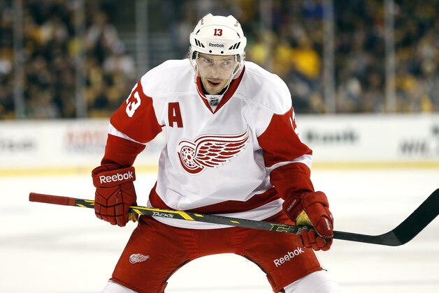 Detroit Red Wings' Pavel Datsyuk waits for a face off against the Boston Bruins during the third period of Boston's 4-1 win in Game 2 of a first-round NHL hockey playoff series in Boston Sunday, April 20, 2014. (AP Photo/Winslow Townson)