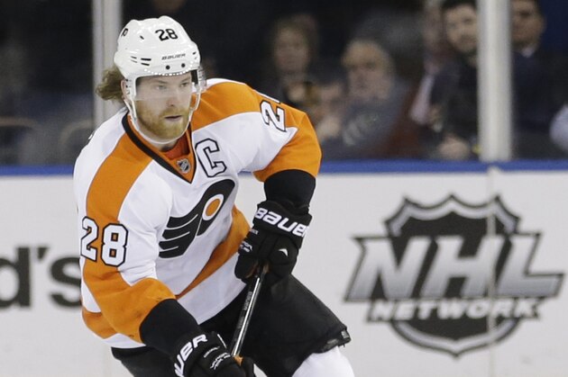 Philadelphia Flyers' Claude Giroux (28) skates during the third period in Game 7 of an NHL hockey first-round playoff series against the New York Rangers Wednesday, April 30, 2014, in New York. The Rangers won the game 2-1. (AP Photo)