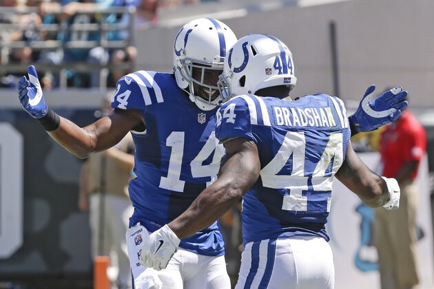 Indianapolis Colts wide receiver Hakeem Nicks (14) celebrates with running back Ahmad Bradshaw (44) after Brasdshaw scored a touchdown on a 6-yard pass play during the first half of an NFL football game against the Jacksonville Jaguars in Jacksonville, Fla., Sunday, Sept. 21, 2014. (AP Photo/Stephen B. Morton)