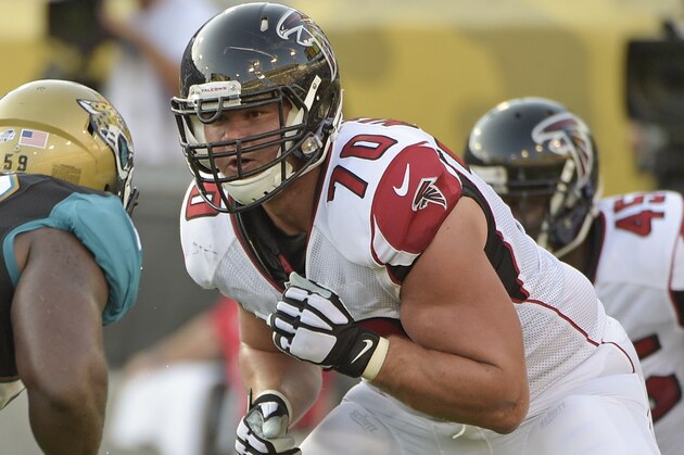 Jacksonville Jaguars defensive end Ryan Davis, left, tires to get by Atlanta Falcons offensive tackle Jake Matthews (70) during the first half of an NFL preseason football game in Jacksonville, Fla., Thursday, Aug. 28, 2014. (AP Photo/Phelan M. Ebenhack)
