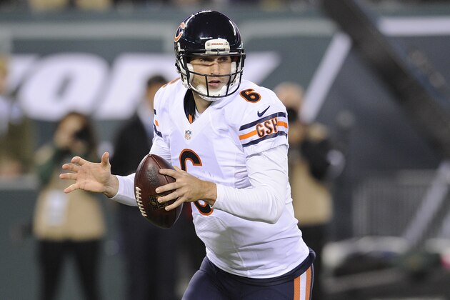 Chicago Bears quarterback Jay Cutler (6) looks to pass against the New York Jets during the third quarter of an NFL football game, Monday, Sept. 22, 2014, in East Rutherford, N.J. (AP Photo/Bill Kostroun)