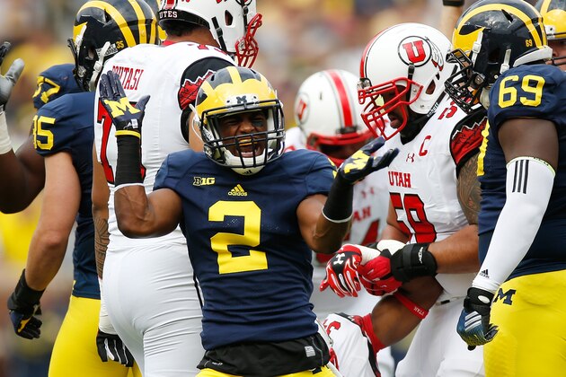 ANN ARBOR, MI - SEPTEMBER 20:  Blake Countess #2 of the Michigan Wolverines celebrates a first quarter third down stop while playing the Utah Utes on September 20, 2014 at Michigan Stadium in Ann Arbor, Michigan.  (Photo by Gregory Shamus/Getty Images)