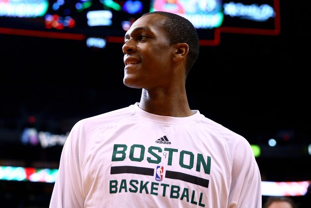 Feb 19, 2014; Phoenix, AZ, USA; Boston Celtics guard Rajon Rondo (9) against the Phoenix Suns at US Airways Center. The Suns defeated the Celtics 100-94. Mandatory Credit: Mark J. Rebilas-USA TODAY Sports